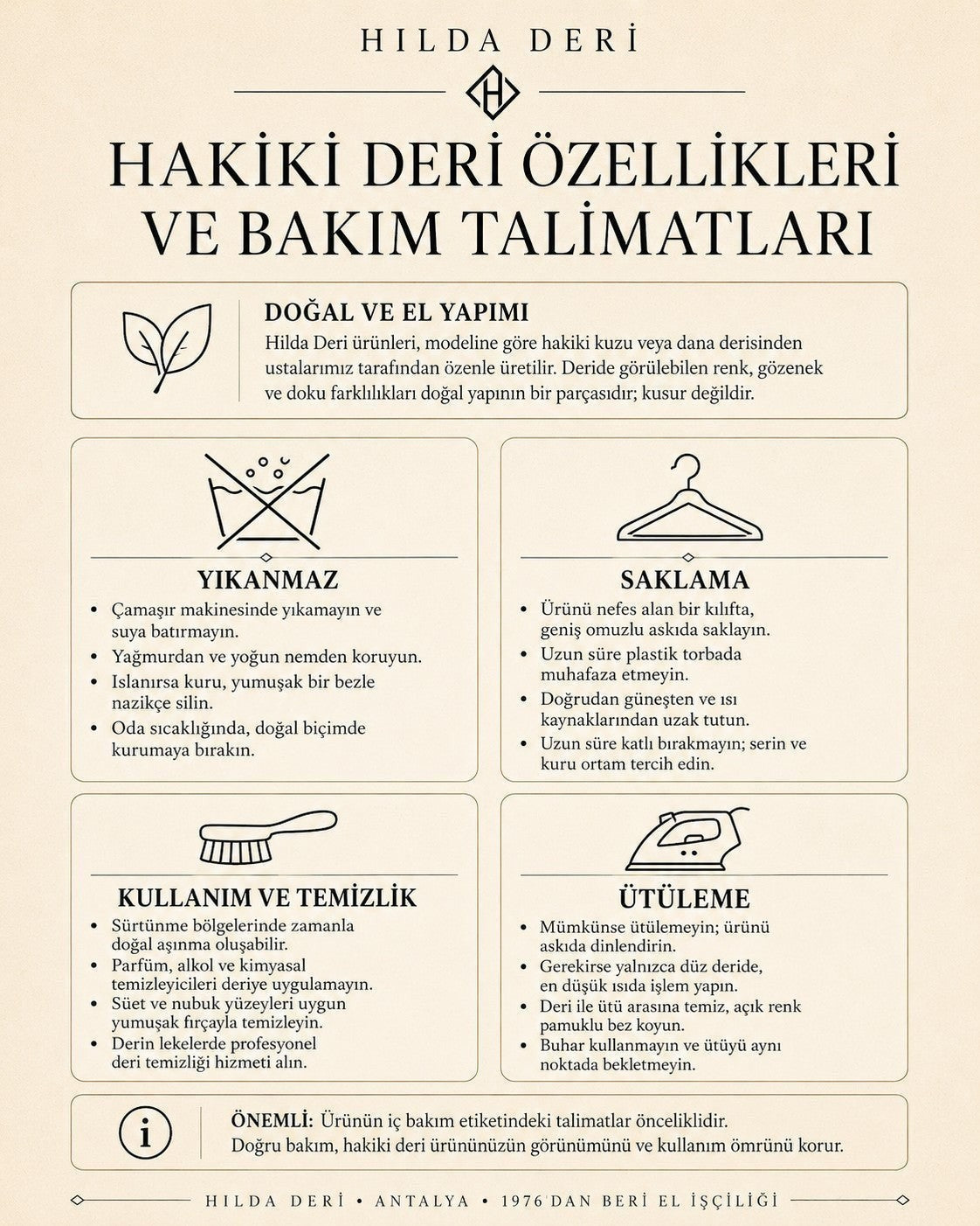 HİLDA DERİ marka hakiki deri ürünleri için bakım ve temizlik talimatlarını içeren bilgilendirici görsel