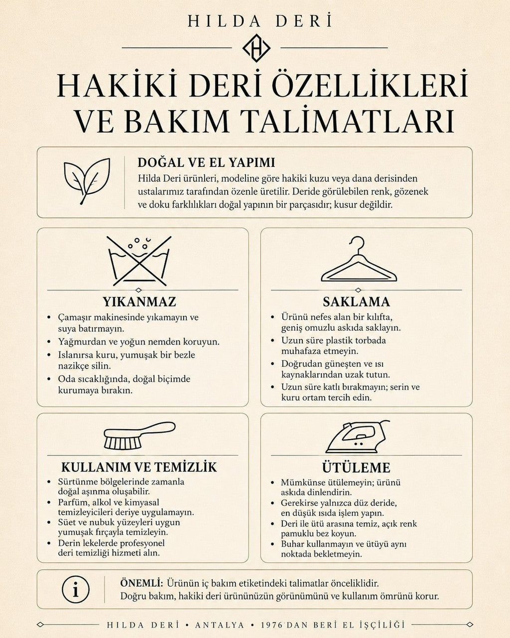 HİLDA DERİ hakiki deri ürünleri için bakım talimatları ve kullanım kılavuzu görseli
