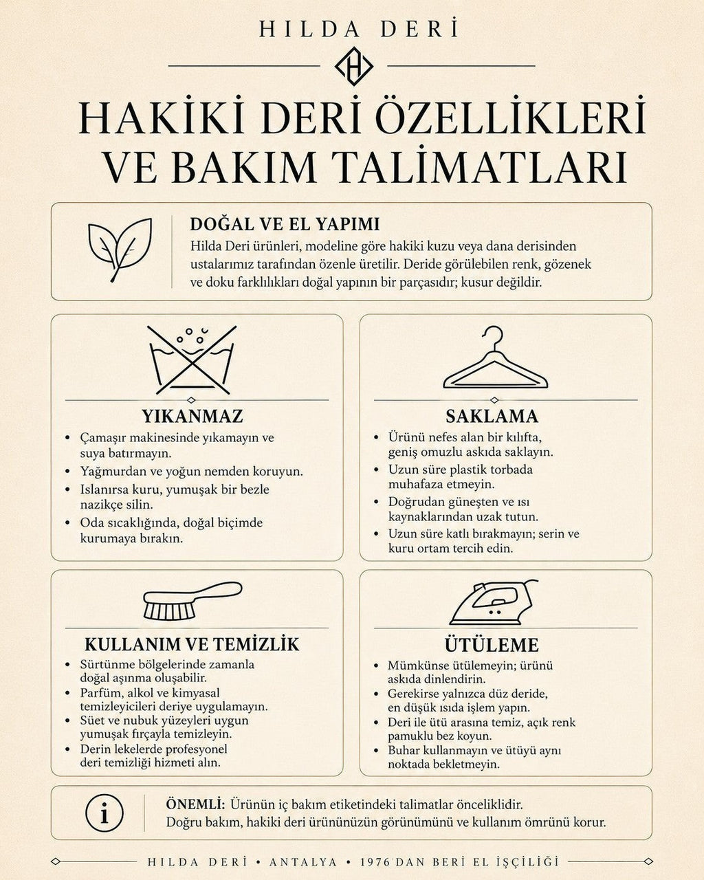 HİLDA DERİ hakiki deri ürünleri için bakım ve temizlik talimatları rehberi