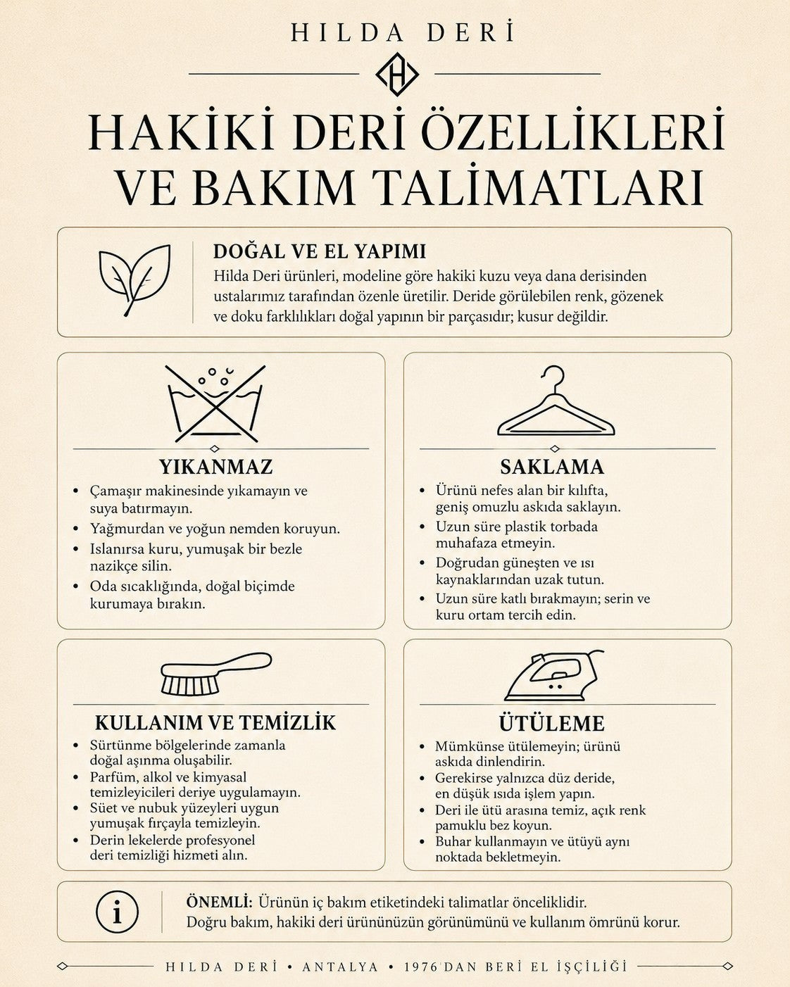 HİLDA DERİ hakiki deri ürünleri için bakım talimatları ve kullanım kılavuzu görseli