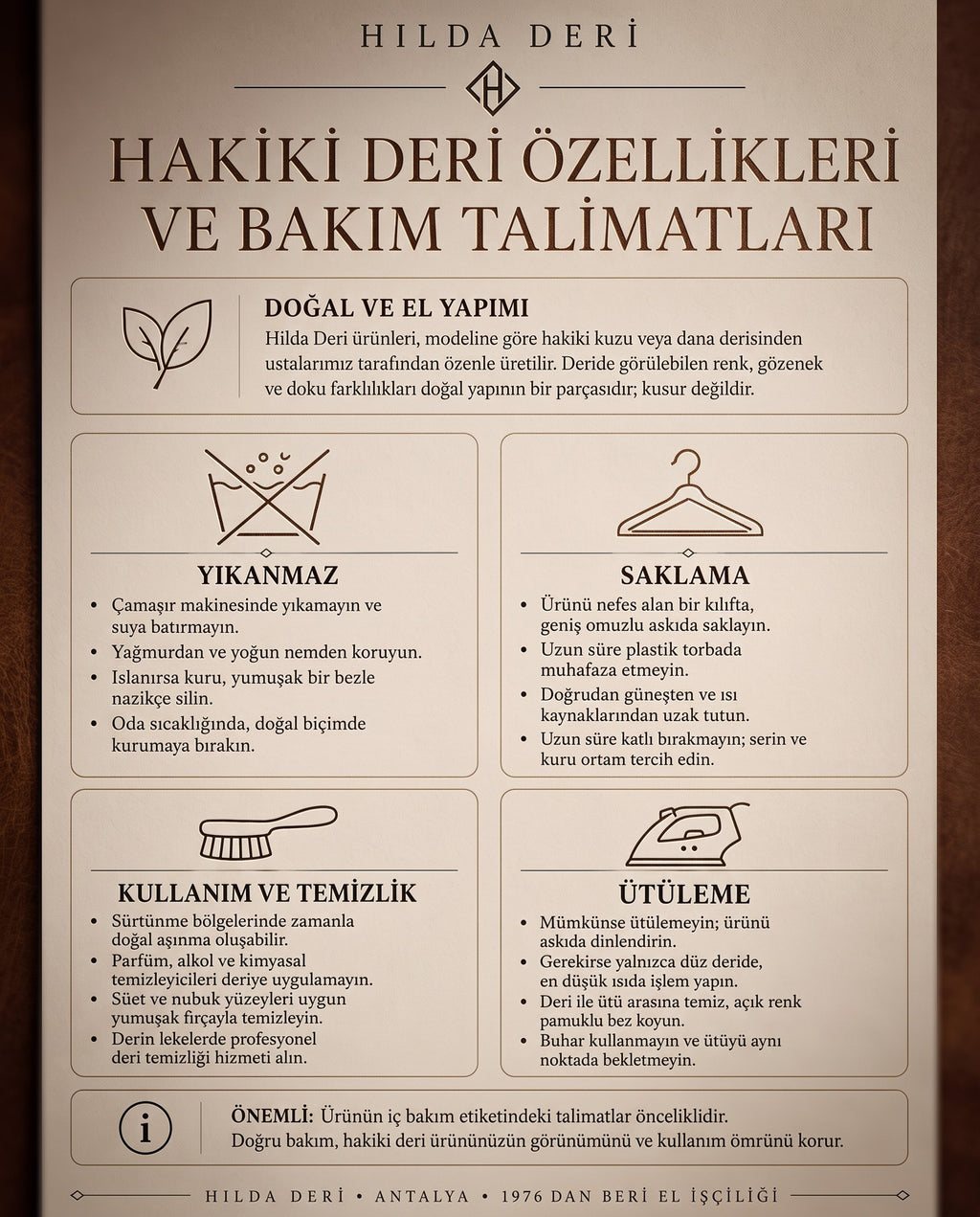 HİLDA DERİ hakiki deri ürünleri için bakım talimatları ve temizlik rehberi içeren bilgilendirici görsel