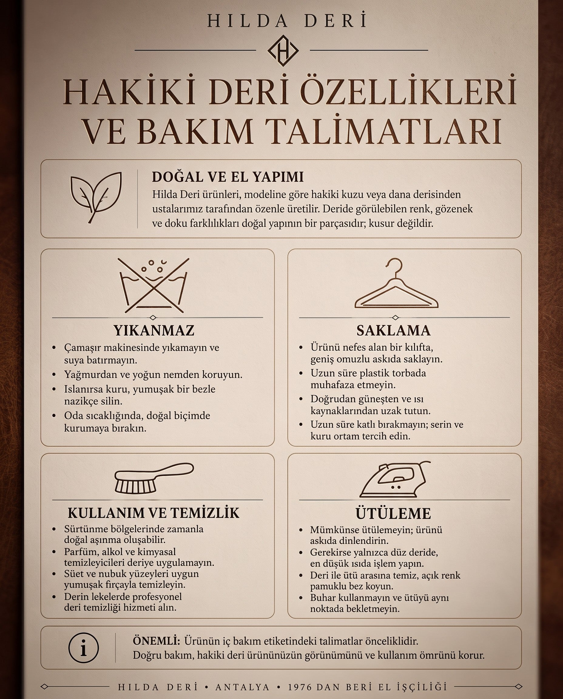 HİLDA DERİ hakiki deri ürünleri için bakım talimatları ve temizlik rehberi içeren bilgilendirici görsel