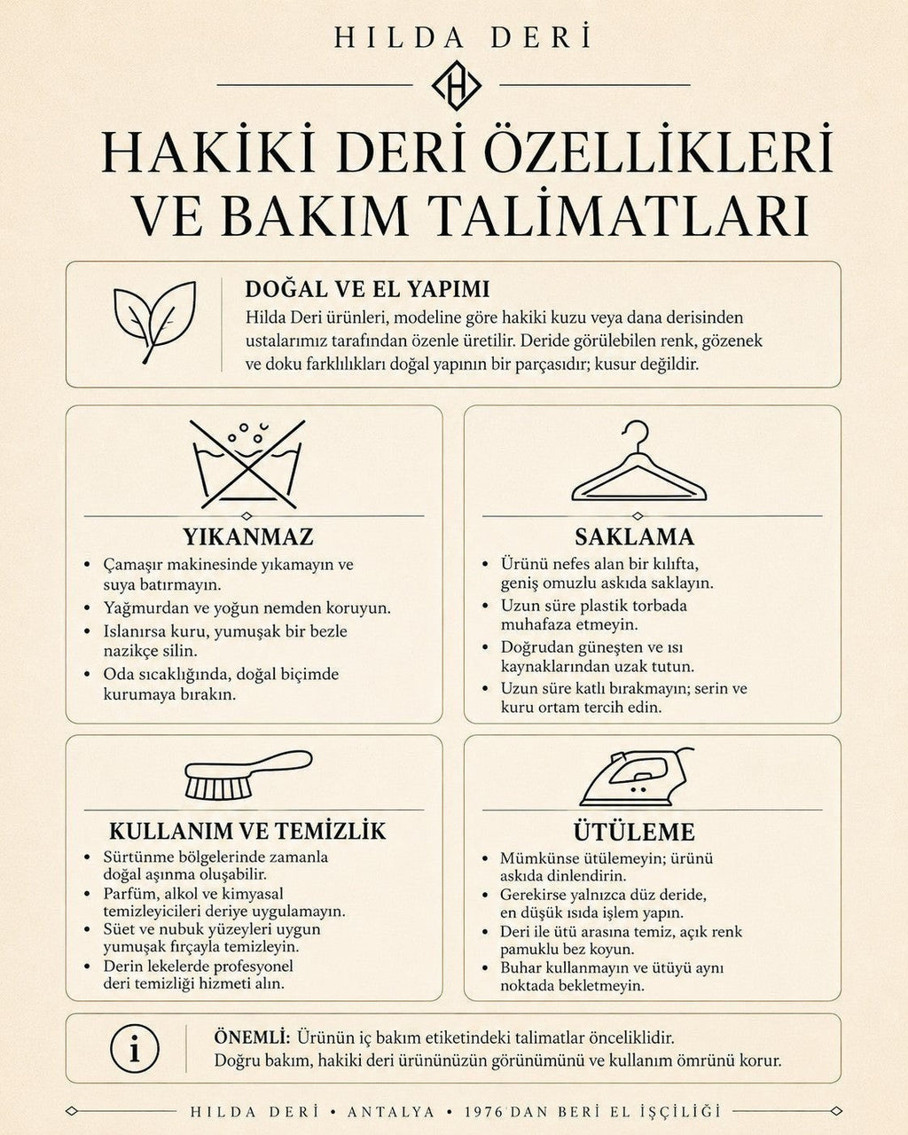 HİLDA DERİ hakiki deri ürünleri için bakım talimatları ve temizlik önerileri içeren bilgilendirme görseli