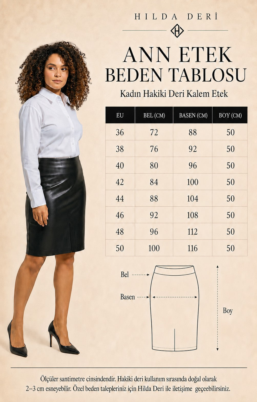 HİLDA DERİ Ann siyah hakiki kuzu derisi midi kalem etek beden tablosu ve üzerinde etek giyen model