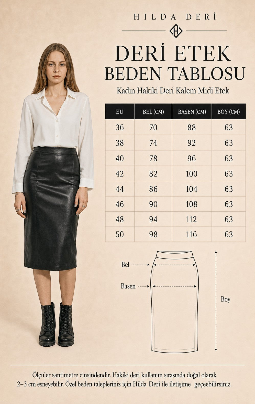 HİLDA DERİ siyah hakiki kuzu derisi kalem etek beden tablosu ve üzerinde beyaz gömlekli model
