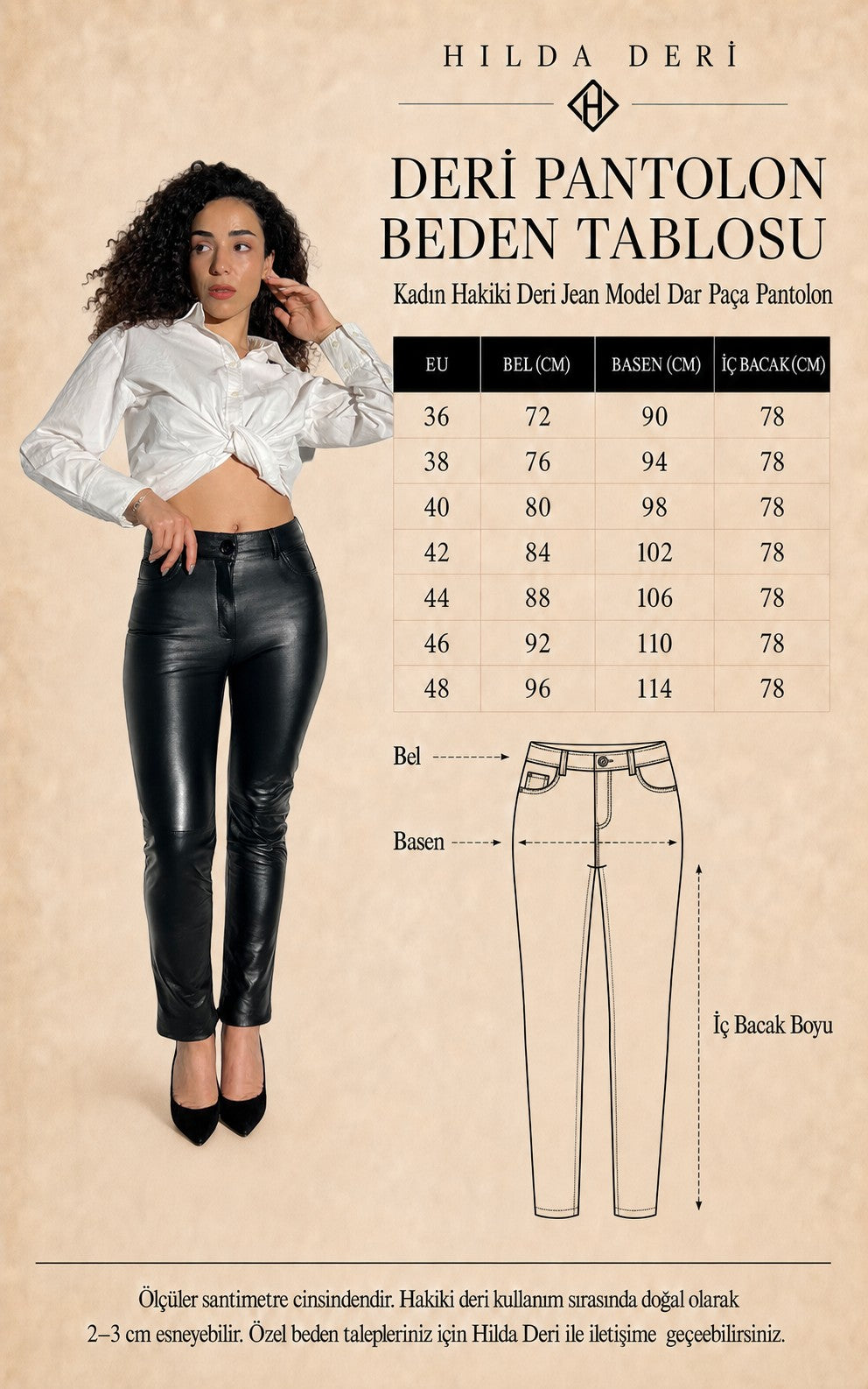 HİLDA DERİ siyah hakiki kuzu derisi jean model kadın pantolon ve beden tablosu görseli