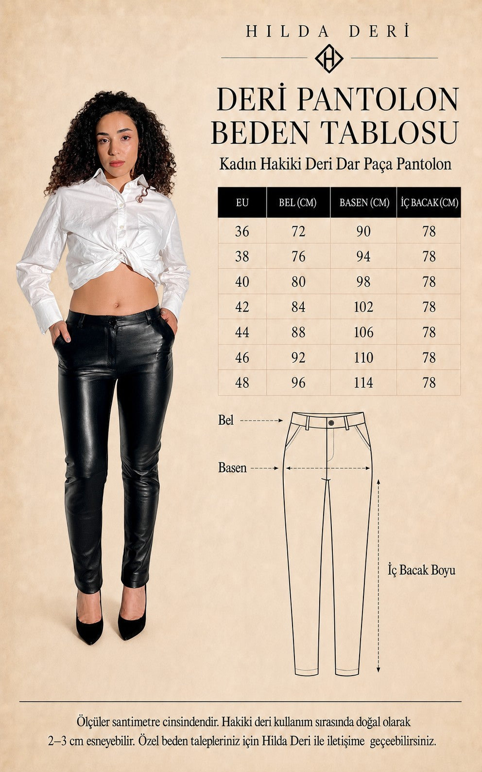 HİLDA DERİ siyah hakiki kuzu derisi cepli slim fit kadın pantolon ve beden tablosu görseli