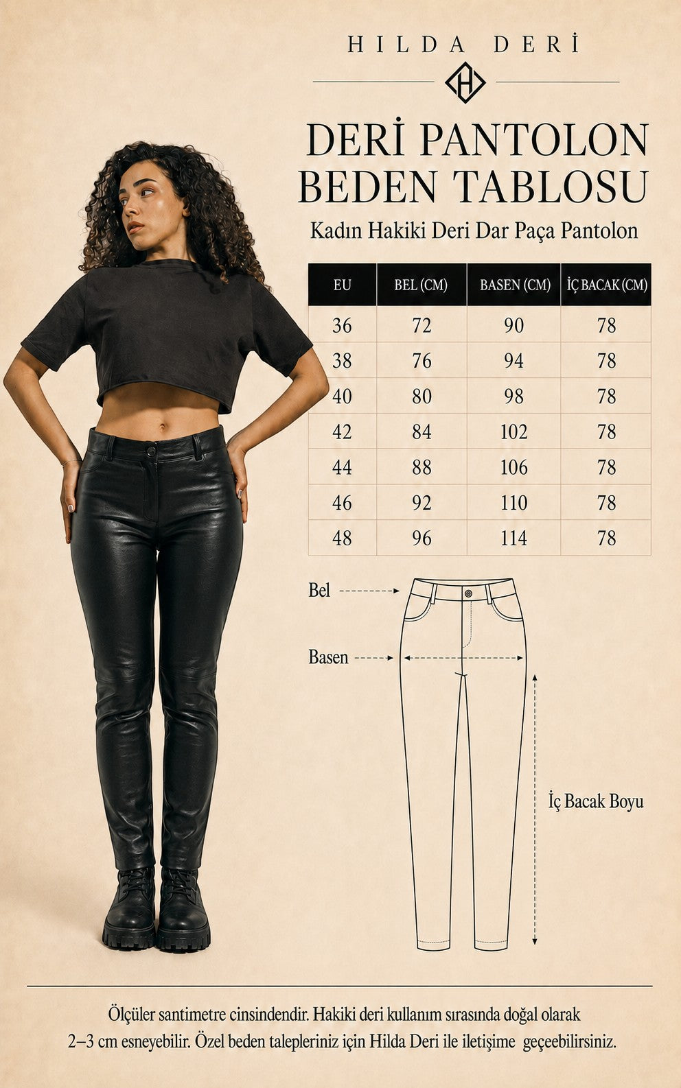 HİLDA DERİ Adel model siyah hakiki kuzu derisi kadın pantolonu ve beden tablosu görseli