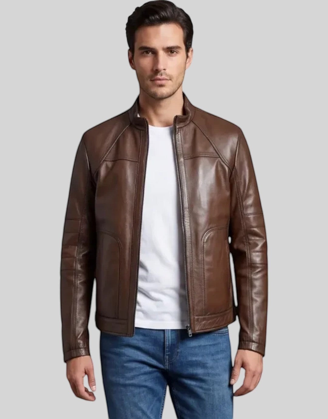 HİLDA DERİ Thor model gölgeli kahve rengi, hakim yakalı, %100 hakiki kuzu derisi büyük beden erkek ceketi.