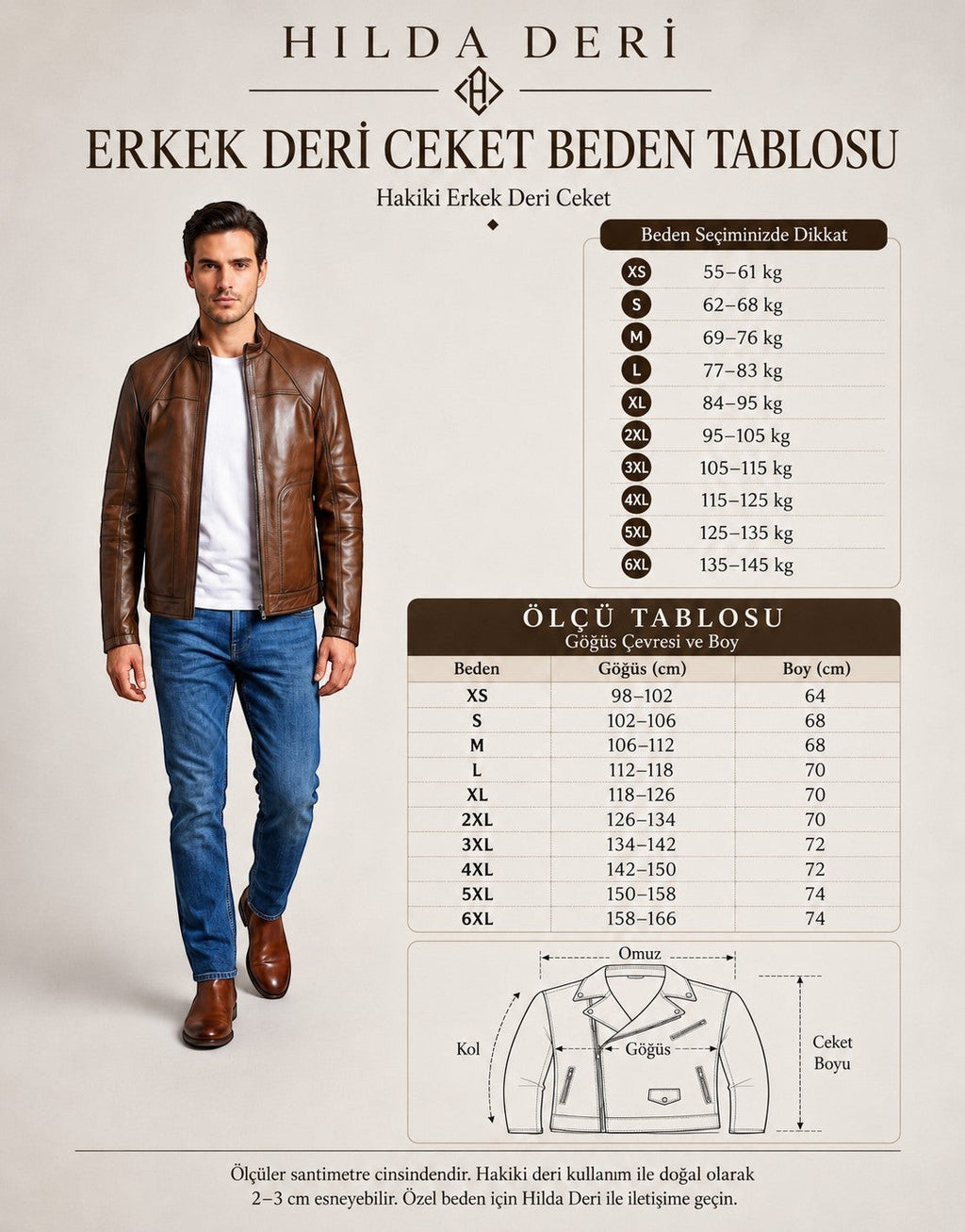HİLDA DERİ Thor model gölgeli kahve rengi hakiki kuzu deri erkek ceketi ve beden tablosu görseli