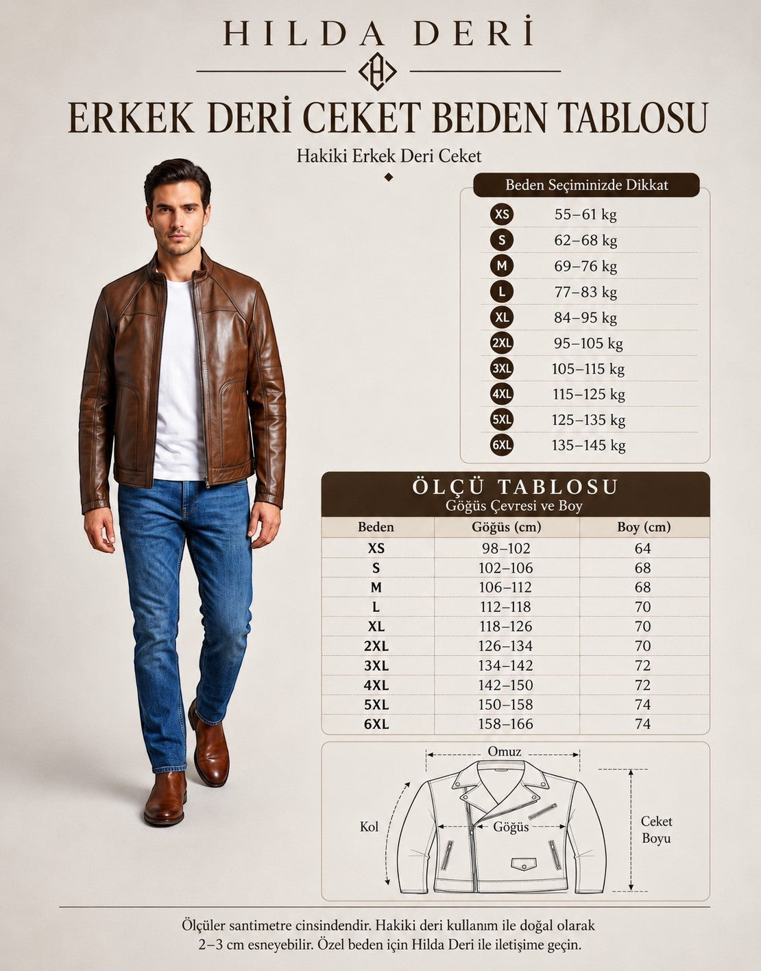 HİLDA DERİ Thor model gölgeli kahve rengi hakiki kuzu deri erkek ceketi ve beden tablosu görseli
